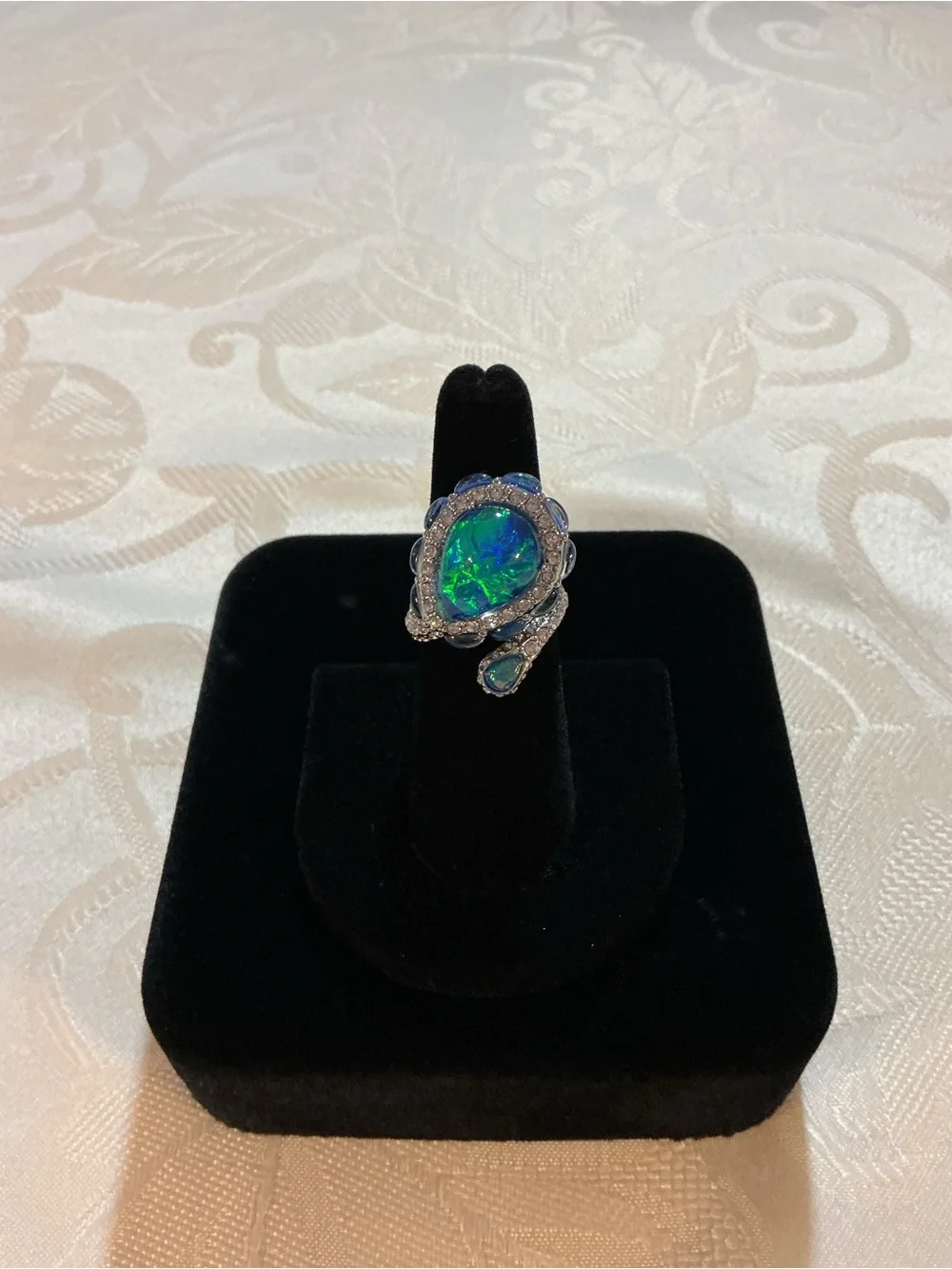 Serpent Bypass Faux Peacock Fire Opal Silver Tone Ring